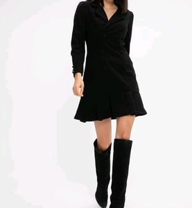 BLACK LONG SLEEVE RUCHED BUTTON BODYCON DRESS