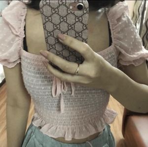 SHEIN Swiss Dot Ruffle Hem Shirred Top