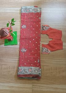 Heavy Elegant Coral Saree with Blouse