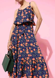 Women Deep Navy Blue Floral Sun Dress