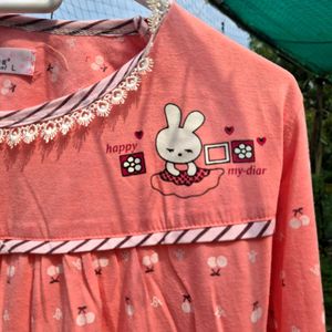 Cute Bunny Print Pink Nightwear For Girls