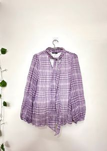 Purple Plaid Tie-Neck Blouse