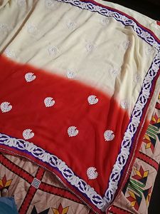 A Saree Half In Off White And rest Red