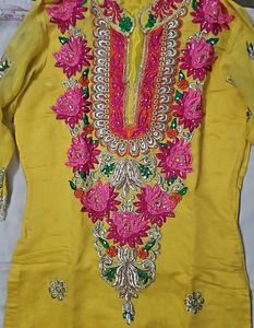 Yellow Kurti With Pink Embroidery
