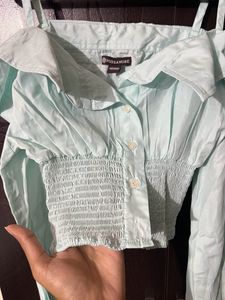 Off Shoulder Ruffle Full Sleeve Crop Shirt