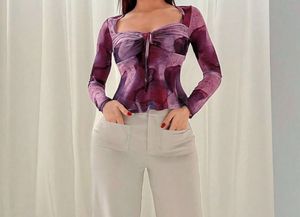 Purple Print Mesh Long Sleeve Top