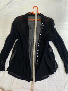 Black Sheer Button-Up Top With Sequins Size M-L