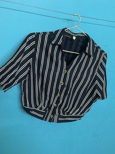 Striped Short Sleeve Button-Up Top