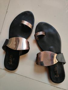 Metalic Grey And Black Flat Sandals