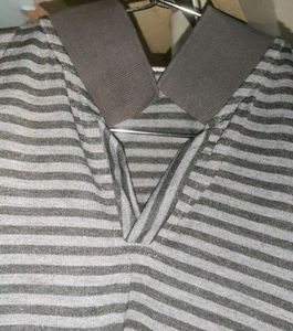 Men Striped Polo Neck Polyester Black T Shirt