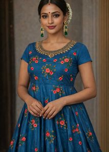 Elegant Blue Floral Embroidered Dress
