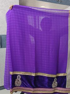 Purple Velvet Saree With Golden Net