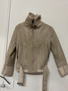 Beige Faux Shearling Biker Jacket