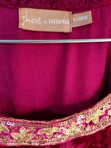 Velvet Embroidered Kurta Set with Pants &amp; Dushala