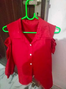 Cold Shoulder Bow Shaped Full Sleeved Red Shirt