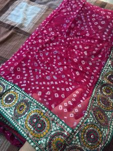 Pink Bandhani Saree with Border Of Sequence Work