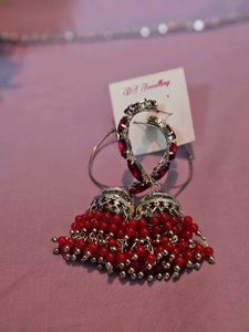 Red Silver Jhumka Earrings