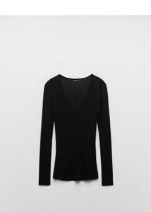 zara ribbed Black Long Sleeve V-Neck Top
