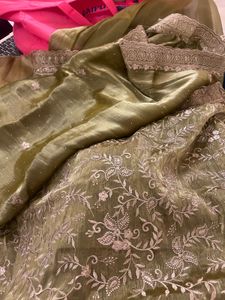 Olive Green Organza  Fabric 3 Piece Suit Set