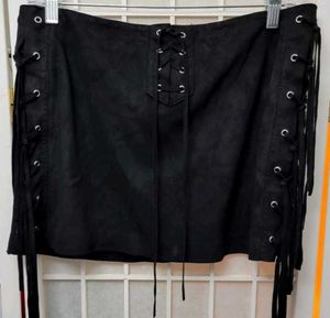Zara Black Faux Soft Suede Laces Tassel Mini Skirt