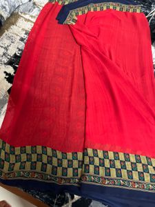 Red &amp; Blue Printed Saree
