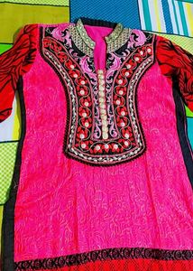 Embroidered Pink &amp; Red Kurti