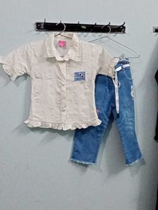 Cute Girls Clothing Set white shirt blue denim jea