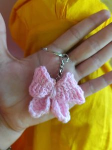 Crochet Pink Bow Keychain