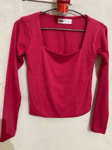 Zara Pink Square Neck Long Sleeve Top