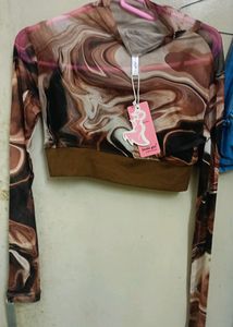 Full-Sleeves Printed Net Brown Crop Top