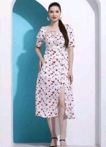 White_red Colour Flower Rose Printed Dress