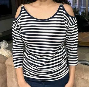 Navy & White Striped Cold Shoulder Top