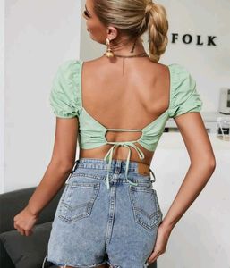 Mint Green Puff Sleeve Crop Top