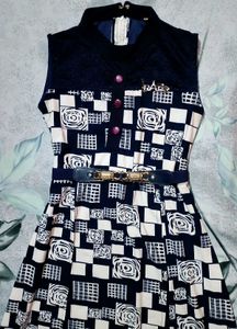 Abstract Printed Navy Blue Dress with Belt