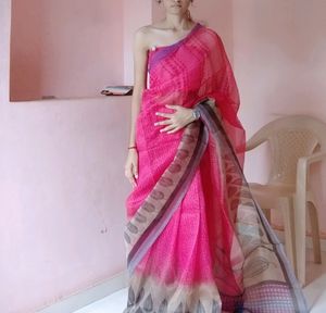 Net Saree With Unstitched Blouse