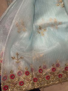 New With Blouse Elegant Blue &amp; Pink Saree