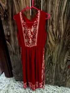 Red Embroidered cotton kurta
