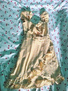 Mustard Checked Cut - Out Smocked Bow Flared Dress