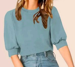 Classic Green Sea Puff Sleeve Top For Daily Wear