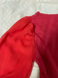 Red Sheer Sleeve Top