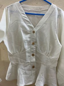 White Peplum Button-Down Top