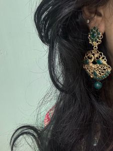 Green & Gold Peacock Dangle Earrings