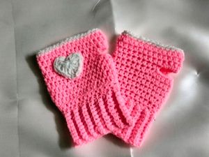 Handmade Crochet Pink Heart Fingerless Gloves