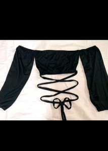 Black Tie-Up Crop Top Off Shoulder