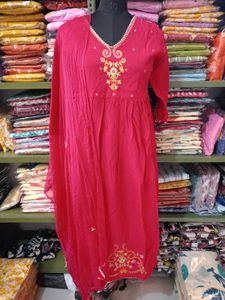 Pink Embroidered Kurti And Dupatta