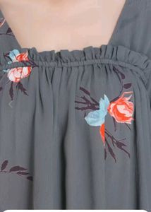 Grey printed woven regular top, has a square neck,