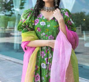 Aachho Green Chanderi Anarkali Suit Set XL