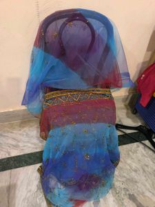 Red, blue and purple blend net saree