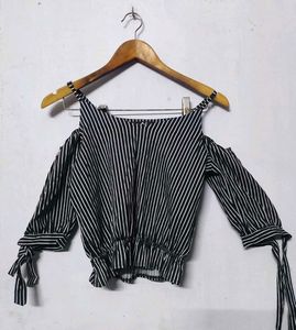 Striped Cold Shoulder Tie-Sleeve Top