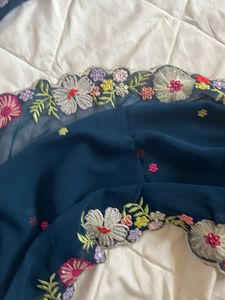 Floral Embroidered Navy Blue Saree